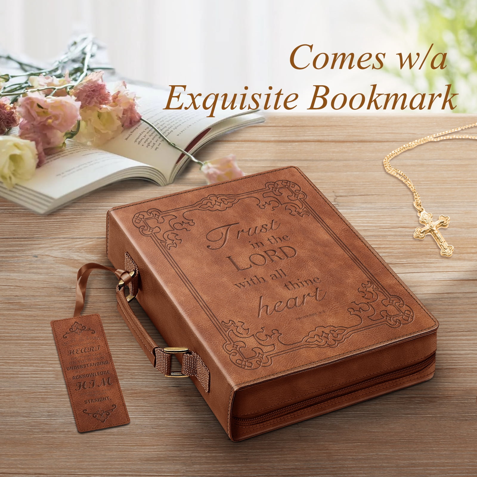 Classic Bible Cover, FINPAC Extra Large PU Leather Carrying Book Case Church Bag Bible Protective with Handle, Perfect Gift for Men, Women, Father, Mother, Friends [Trust in The Lord], Bronze