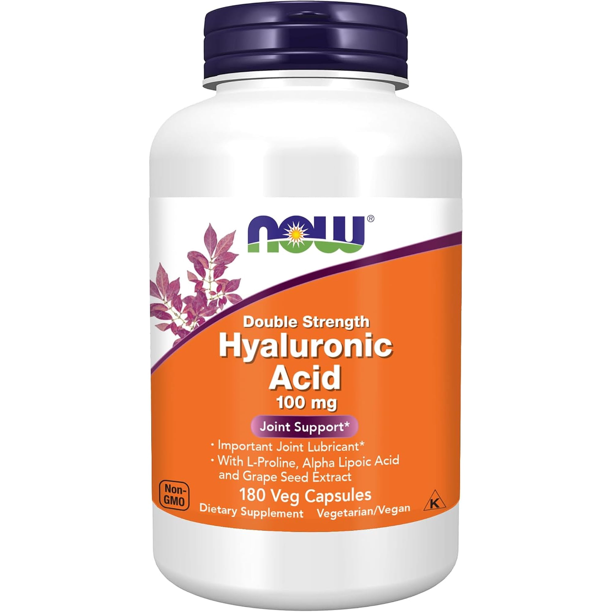 NOW Foods Supplements, Hyaluronic Acid 100 mg, Double Strength with L-Proline, Alpha Lipoic Acid and Grape Seed Extract, 180 Veg Capsules