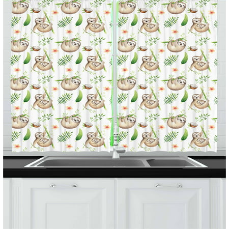 Sloth Curtains 2 Panels Set, Baby Sloth and Mother Soft Colored Flowers Coconut Tree Leaves Happy Family, Window Drapes for Living Room Bedroom, 55W X 39L Inches, Pale Brown Green, by