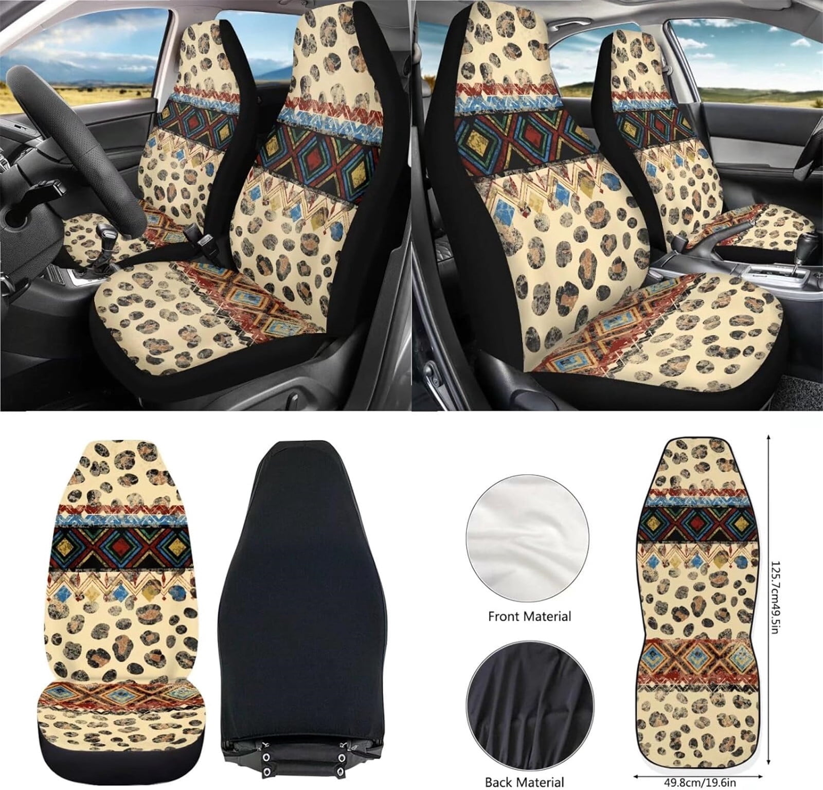 Yuyamidu 12pcs Leopard Print Front Car Seat Cover Set Aztec Ethnic Steering Wheel Cover Seatbelt Pad Armrest Pad Coasters Garbage Can Rear View Mirror Cover Keychain Air Vent Bag Universal Fit