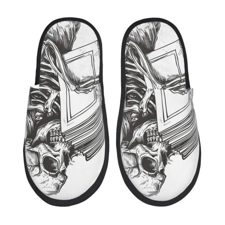 Balery Skeleton Book Lover Slient Indoor Furry Fleece Comfort House Shoes Soft Non-Slip Home Shoes Cotton slippers House Slippers-- Medium