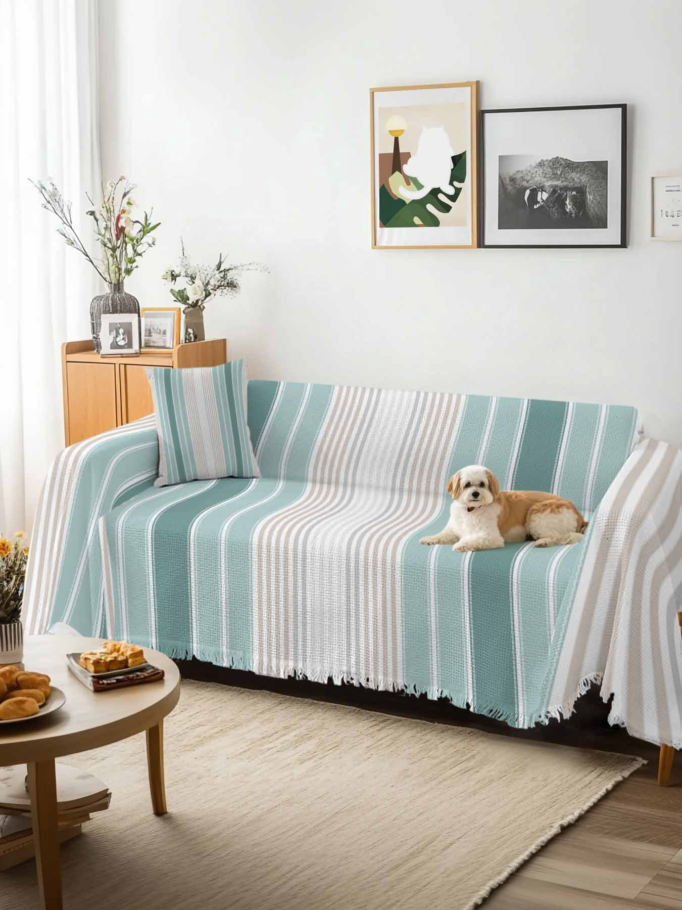 Teal Aqua Stripes Couch Cover, Minimalist Abstract Vertical Lines Oversized Sofa Cover Blanket for 3 Cushion Couch,Sectional Sofa Slipcover Furniture Protector for Living Room Bedroom 71''x150''