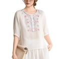 thumbnail image 3 of ClodeEU Women's Floral Embroidered Linen Blend Top,Casual Round Neck 3/4 Sleeve Blouse White,Women's Plus L, 3 of 6