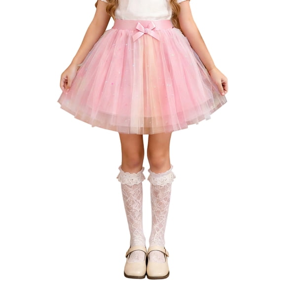 hoksml Girls Ombre Tulle Tutu Skirt, Elastic Waist Sparkle Flowy Mini Skirt with Satin Bow for Party and Dance Outfits
