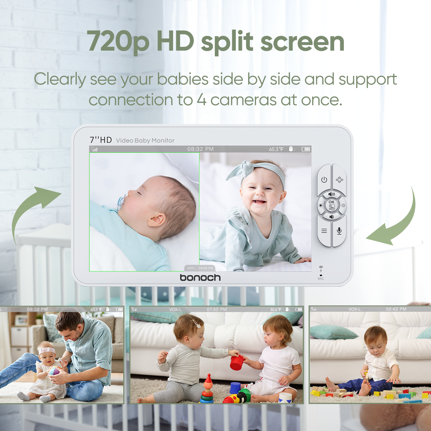 bonoch MegaView Baby Monitor with 2 Cameras 7" 720P HD LCD Split Screen Video Audio No WiFi Auto Night Vision - image 4 of 7