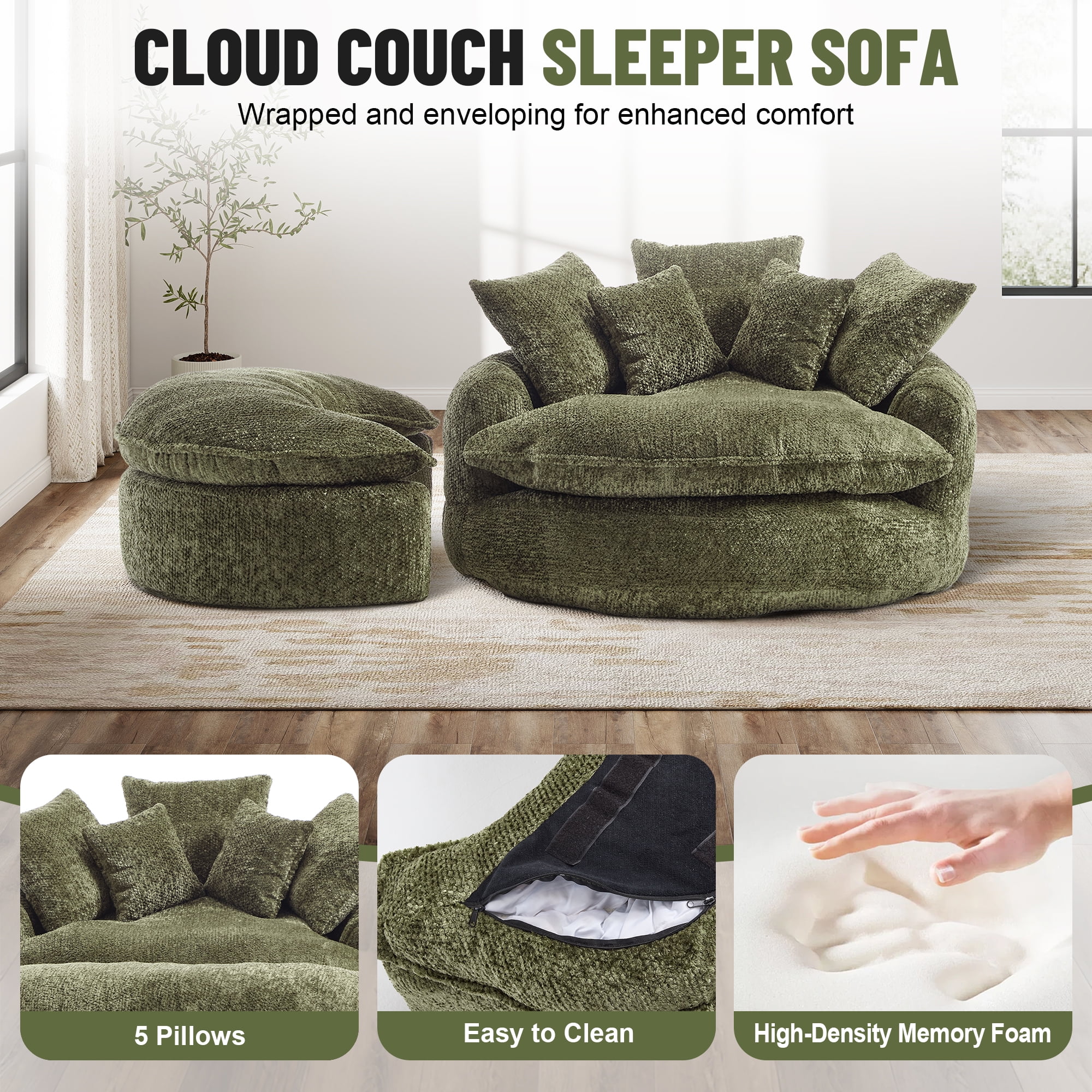 Aukfa 75" Oversized Round Chaise Lounge Chair with Half Moon Ottoman, Boneless Cloud Circle Deep Seat Sofa Set for Living Room, 5 Pillows, No Assembly Required, Olive