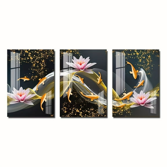 3pcs Frameless Goldfish and Lotus Painting Wall Art Canvas Painting for Living Room, Bedroom, Corridor, Office, Frameless Canvas Art