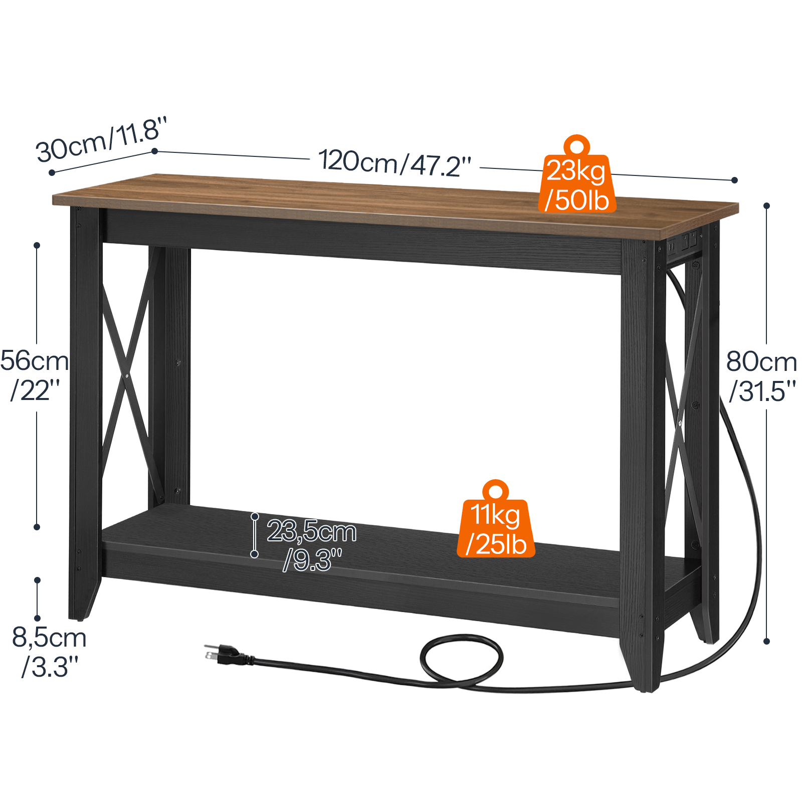 HOOBRO Industrial Multifunction with Power Socket, Outlets and USB Ports Engineered Wood Console Table, Black Walnut