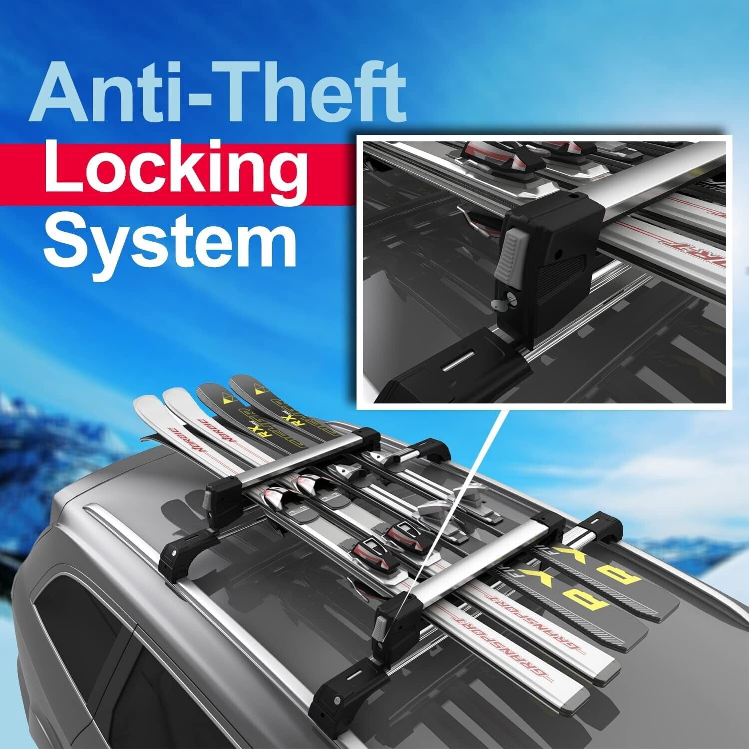Erkul 35" Ski Rack for Car Roof - Universal Ski & Snowboard Car Racks with Anti-Theft Lock and Extension with Sliding Rail | Carry up to 6 Pairs of Skis or 4 Snowboards