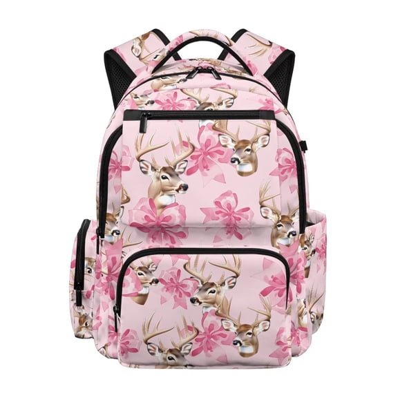 Pzuqiu Pink Deer Bow Kids Backpacks Large Capacity School Bags 17 Inch Back to School Shoulder Bookbags Padded Straps Front Zipper Pocket for Students Teenagers Age 6-18