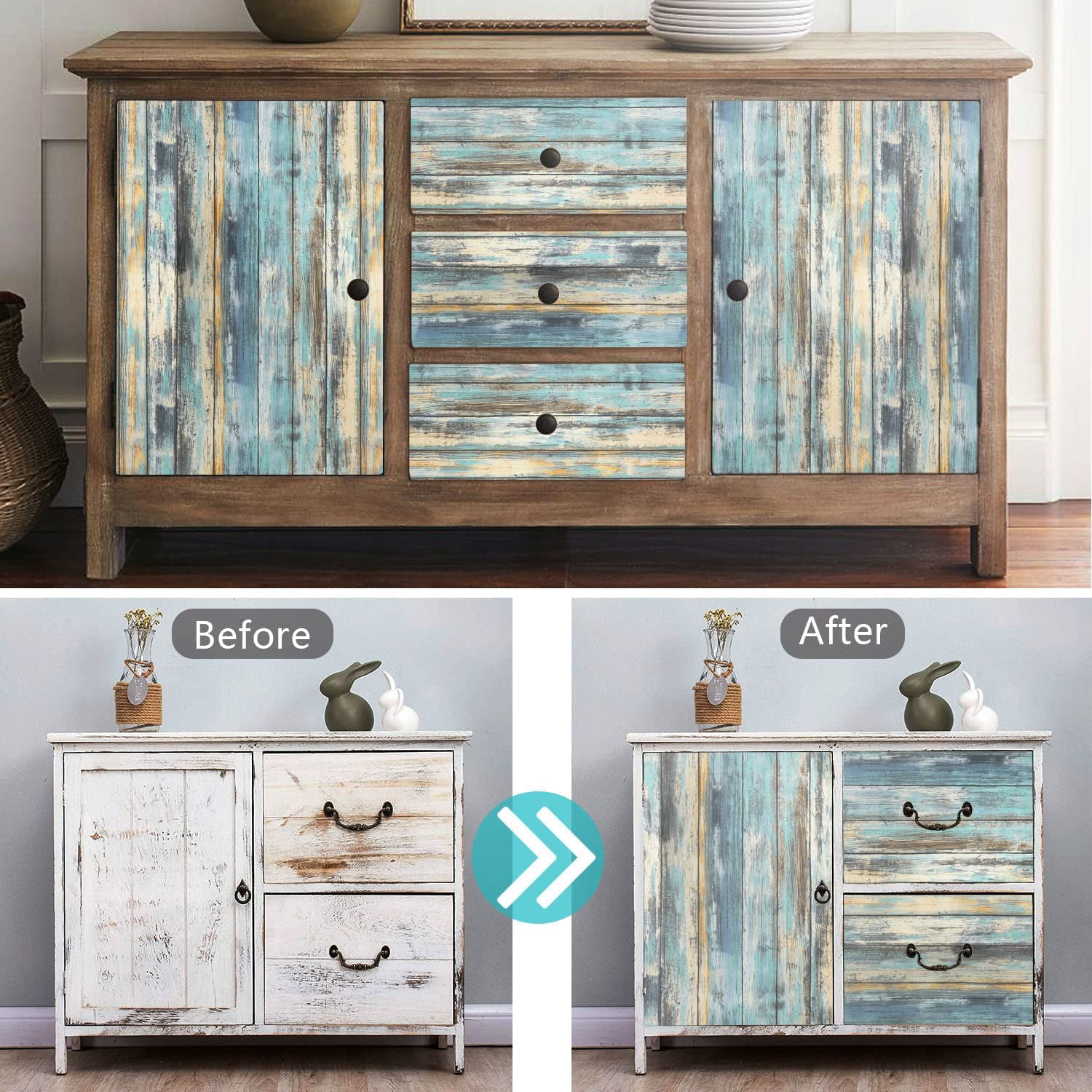 Wood Contact Paper - 15.7"x236" Self-Adhesive and Removable Wood Wallpaper Peel and Stick - Blue Distressed Wood Grain Contact Paper for Cabinets - Waterproof Stick on Wall Paper