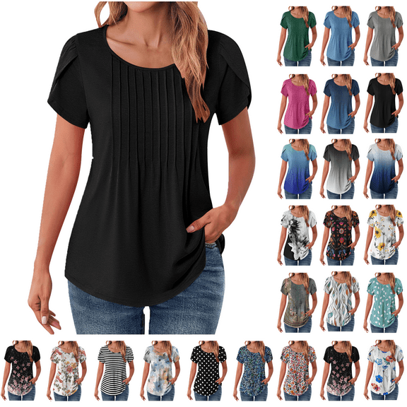 Xunlbb Blouses for Women Pleated Short Sleeve Tunic Tops Dressy Casual Summer Shirts Solid Floral Print Lightweight T-shirts Summer Vacation Beach Fashion Plus Size S-XXL