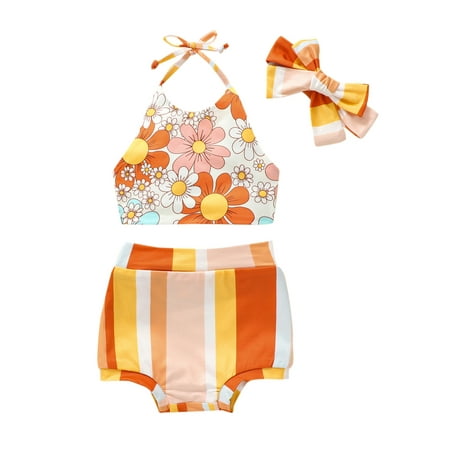 

Infant Toddler Baby Girl Summer Clothes Boho Floral Rainbow One Shoulder Crop Top Shorts Headband 3Pcs Outfit Sets