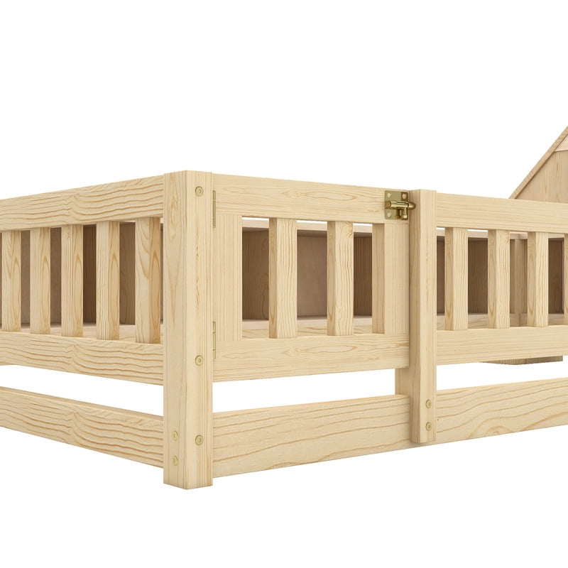 Twin Size Wood Floor Bed with Guardrail & Small Door, House-Shaped Bookcase Headboard Kids Platform Storage Bed with LED & Outlet