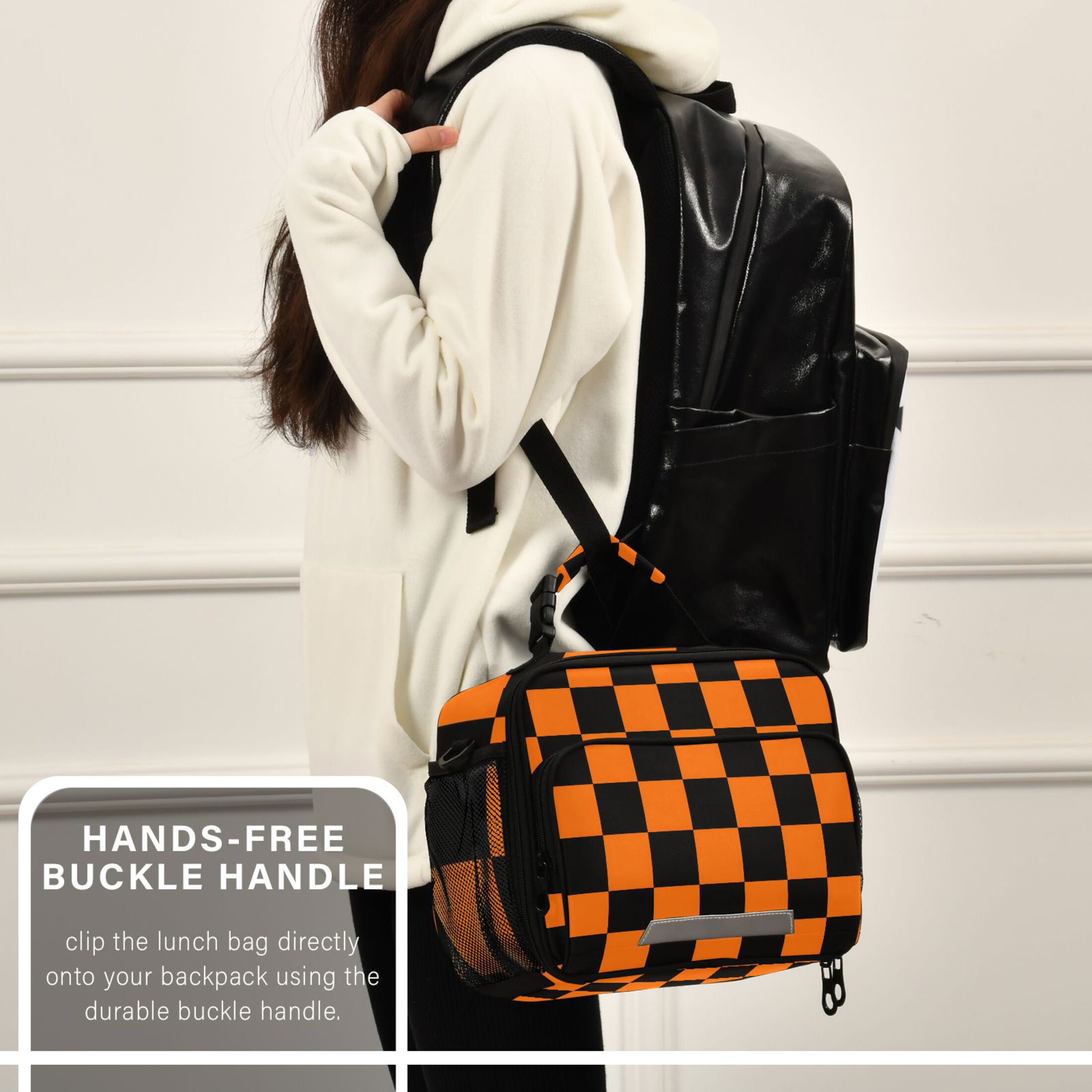 ALAZA Orange Checkered Grid Pattern Lunch Box Insulated Cooler Bag Reusable Tote Bags Shoulder Strap