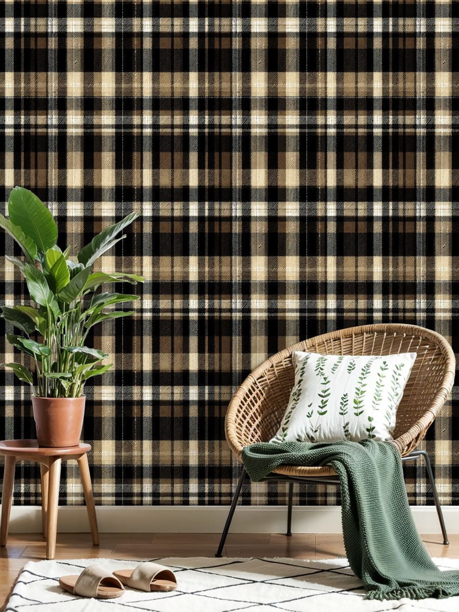 Peel and Stick Wallpaper Tartan plaid gold brown beige black Modern herringbone Wall Mural 23.6in x 9.8ft Self Adhesive Removable Wall Paper Renter Friendly Wallpaper for Bedroom Nursery