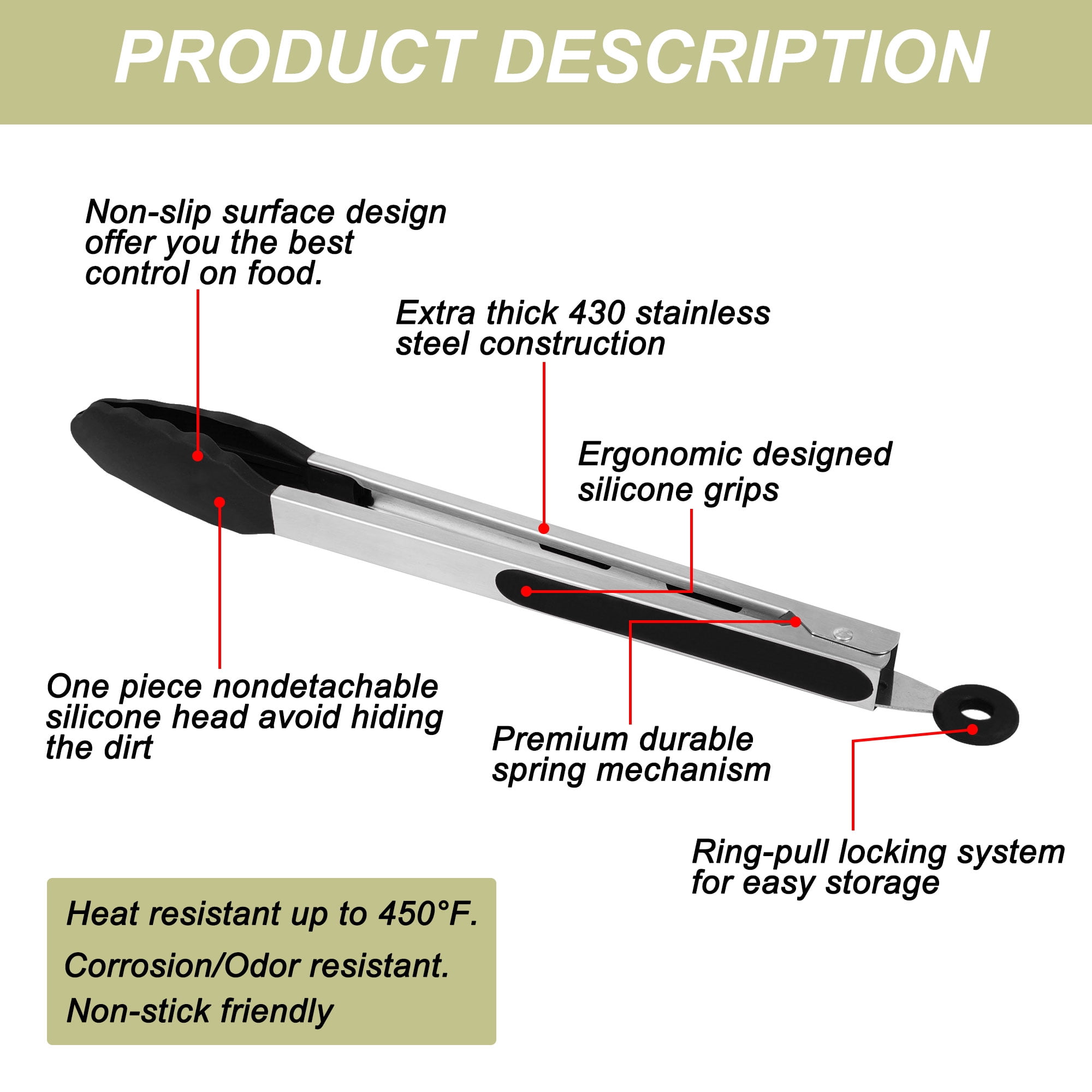 Unique Bargains Kitchen Tong Set Silicone Tips Non-Stick Cooking Tongs 3Pcs, Black
