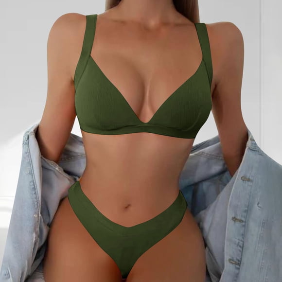 Traje de baño para mujer, bikini de dos piezas con tirantes y rayas de color liso, conjunto de bikini para mujer