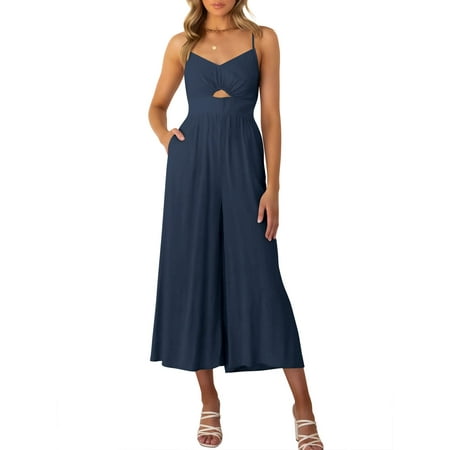 

Musuos Women Summer Spaghetti Strap Jumpsuit Solid Color V-Neck Cutout High Waist Wide-Leg Rompers with Pockets