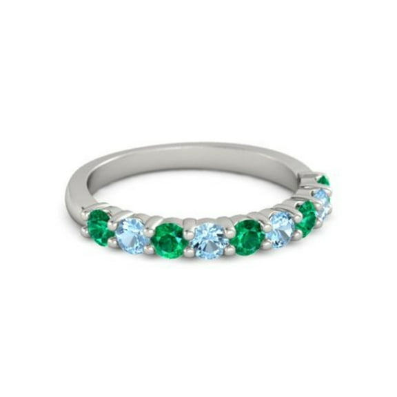 925 Sterling Silver Round 2.50 MM Emerald Blue Topaz Half Eternity Women Ring Size US- 4