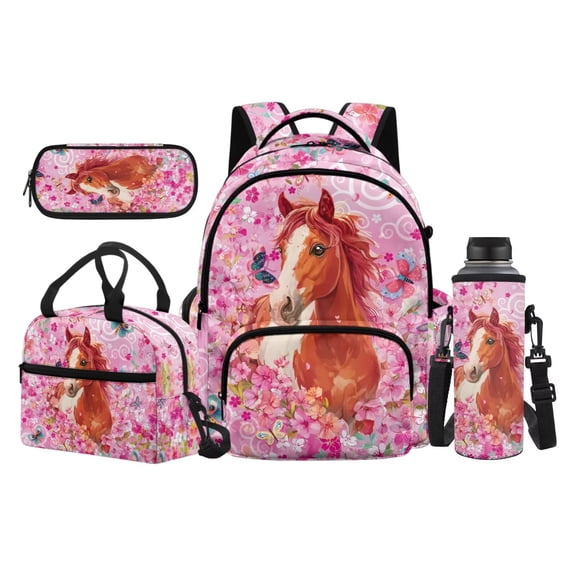 Garronmavis Full Pink Cherry Blossom Floral Running Horse Backpack Set, 17 Inch Romantic Floral Elementary Daypack with Insulated Lunch Pack, Pen Pouch and Accessory Water Bottle Sleeve