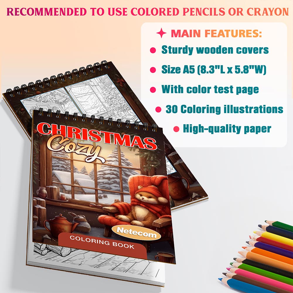 Netecom Christmas Cozy Coloring Book Spiral Bound For Adults, A5 Wooden Cover, 30 Beautiful Coloring Pages of Winter Landscape for Stress Relief and Relaxation