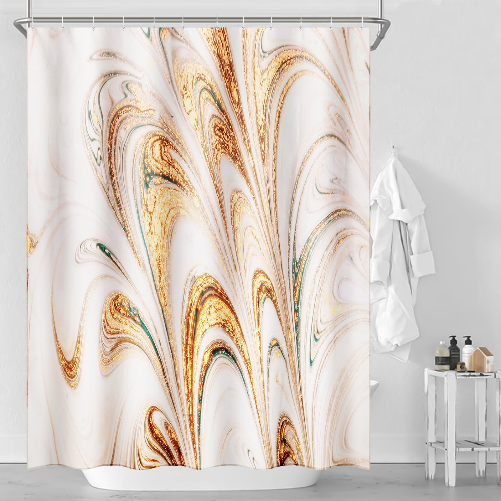 BSHAPPLUS 71"x79" Golden Marble Waterproof Shower Curtain with 12 Hooks