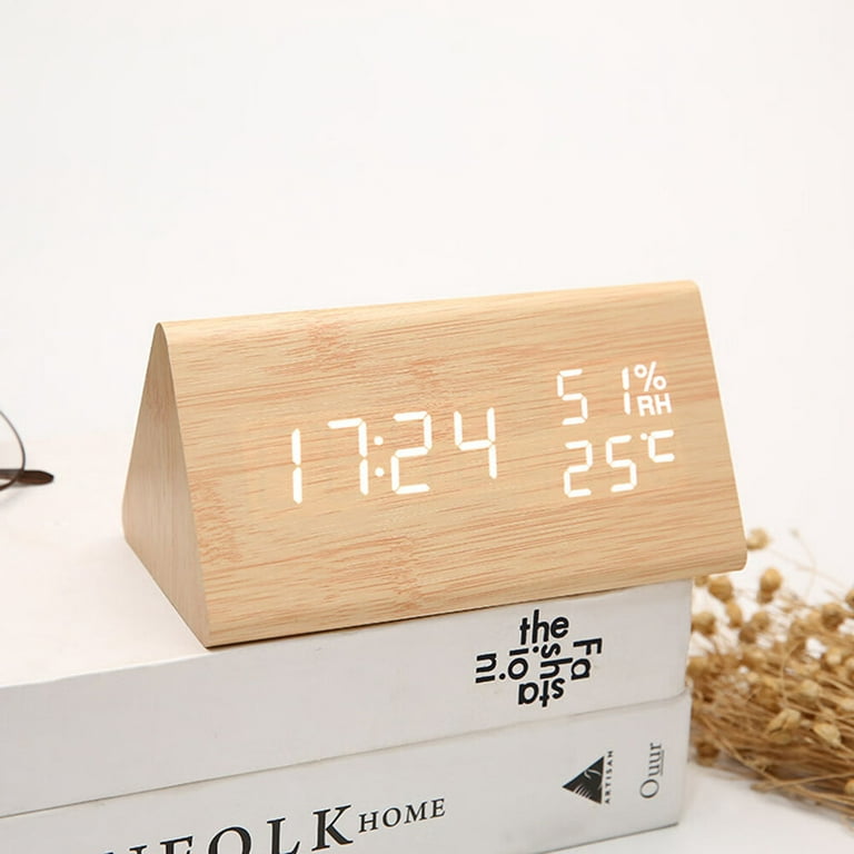 Digital Alarm Clock, with Wooden Electronic LED Time Display, 3 Alarm  Settings, Humidity & Temperature Detect, Wood Made Electric Clocks for  Bedroom