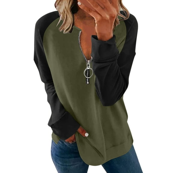 Online Juebong Women Casual Solid Zipper Splicing Loose Hooded Long Sleeve V-Neck Tops