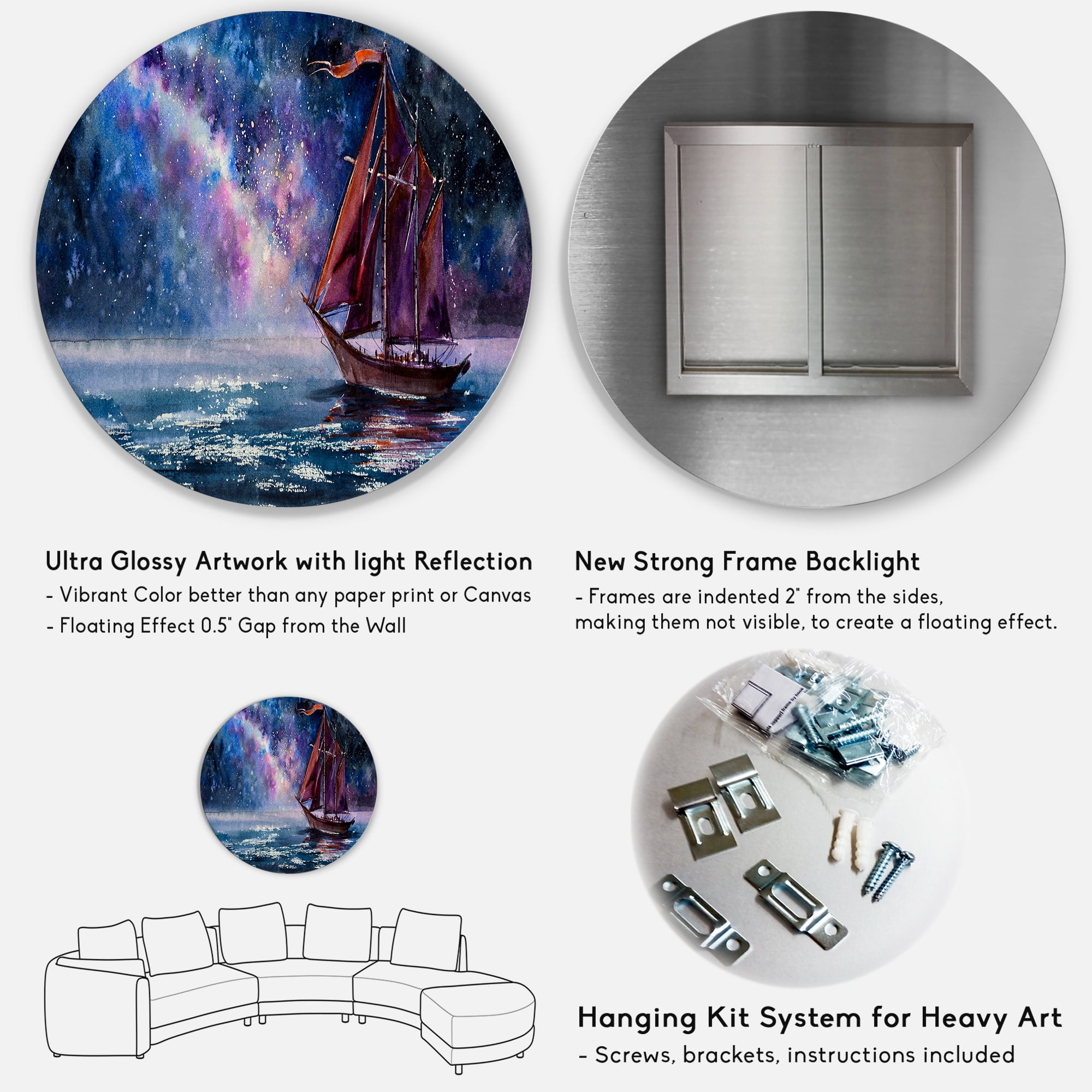 Designart 'Red Sails & Bright Night Sky With Wooden Sailboat' Nautical & Coastal Circle Metal Wall Art 29x29 - Disc of 29