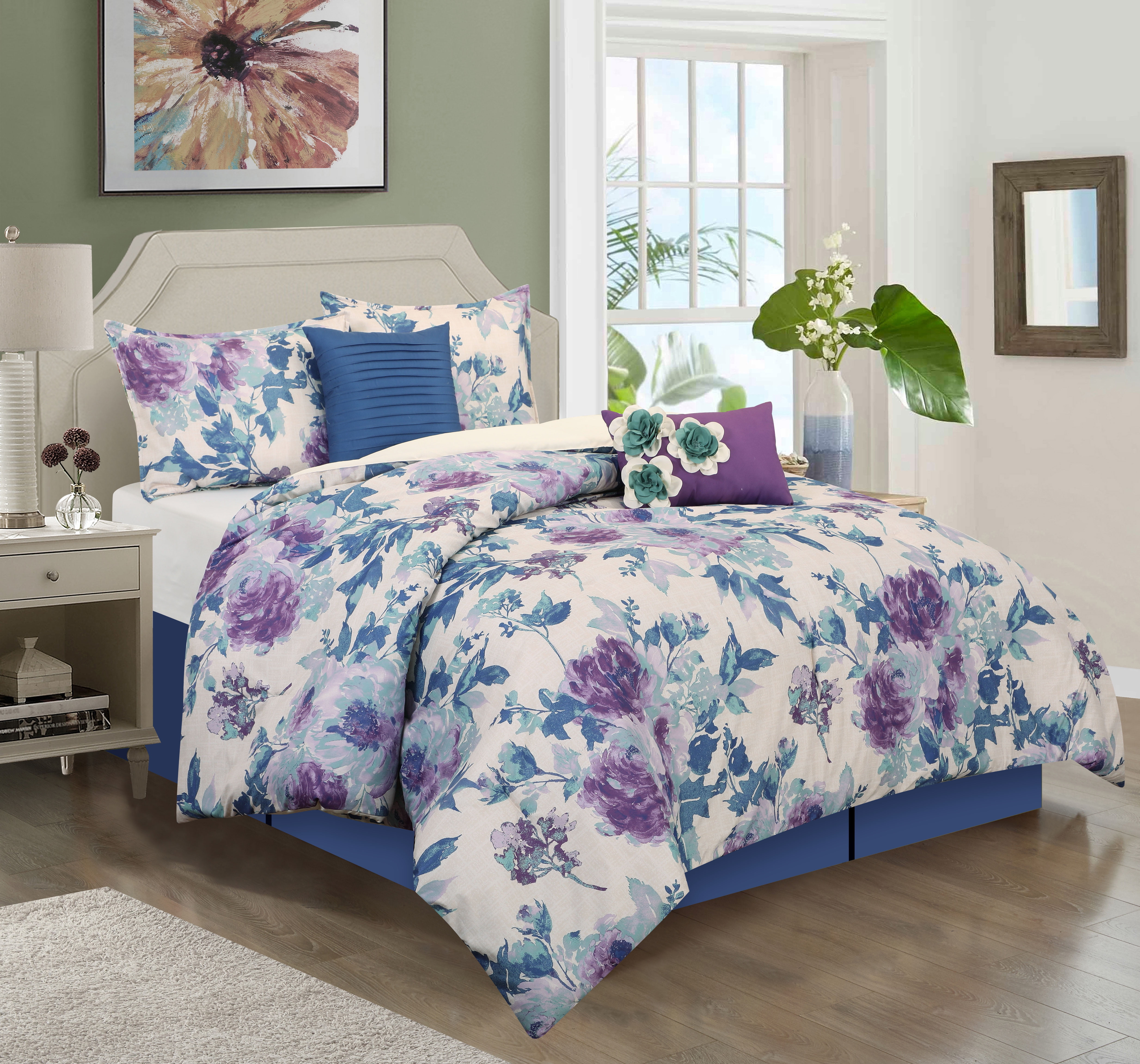 Lanco Ella Floral 7-Piece Reversible Comforter Set, King, Multi-Colored,  Fill Polyester 