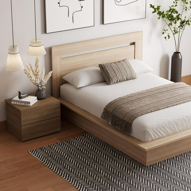 Nexera Malibu 3-piece bedroom set with light wood platform bed, matching two-drawer nightstand, and beige decorative accents.