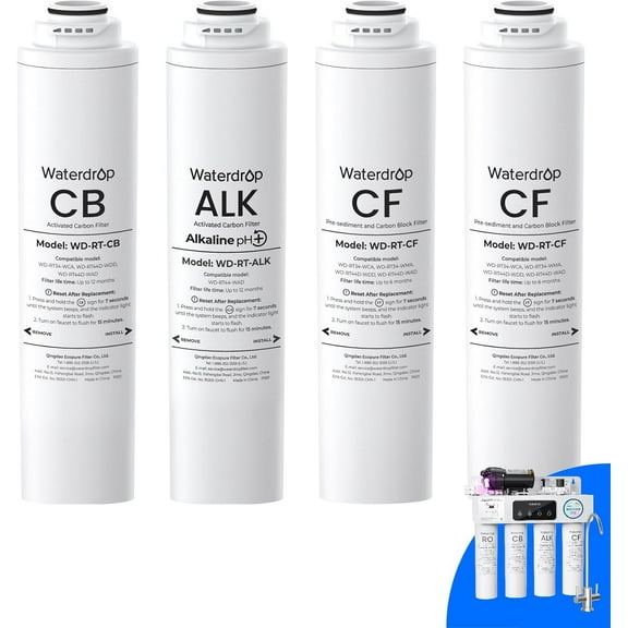 Waterdrop 𝐖𝐃-𝐓𝟒-𝐑𝐂𝐀 Replacement Filter 1-Year Combo, Pack of 2 CF, Pack of 1 CB and 1 Alkaline Filter, Replacement for 𝐖𝐃-𝐓𝟒-𝐀 Reverse Osmosis System (𝟐*𝐂𝐅   𝟏*𝐂𝐁   𝟏*𝐀𝐋𝐊)