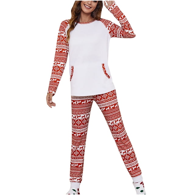 Pijamas Navideños Para Mujer, Traje Informal Con Cuello Redondo, Pantalones Largos de Dos Piezas, Jersey, Conjuntos de Retazos de Manga Larga Odeerbi ODB206294