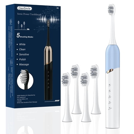 OasiSmile Sonic Electric Toothbrush for Adults with 4 Replacement Heads – 50,000 VPM, 5 Modes,IPX7 Waterproof,180-Day Rechargeable Battery for Gum Health & Travel Oral Care