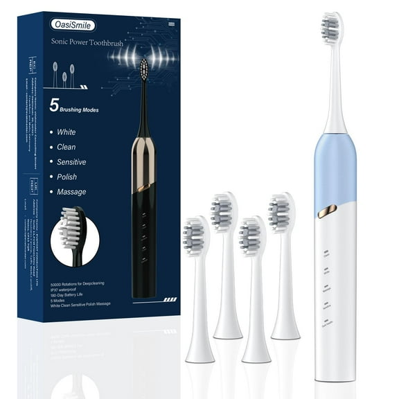 OasiSmile Sonic Electric Toothbrush for Adults with 4 Replacement Heads – 50,000 VPM, 5 Modes,IPX7 Waterproof,180-Day Rechargeable Battery for Gum Health & Travel Oral Care