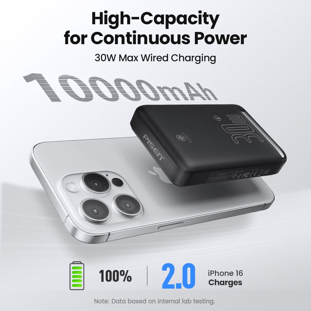 PISEN Wireless Portable Charger, Qi2 15w Wireless Battery Pack 10000mah with 30w PD Fast Charging, With Foldable Stand, Slim Flight-Safe USB C Battery Pack for Smart Phones and Tablets