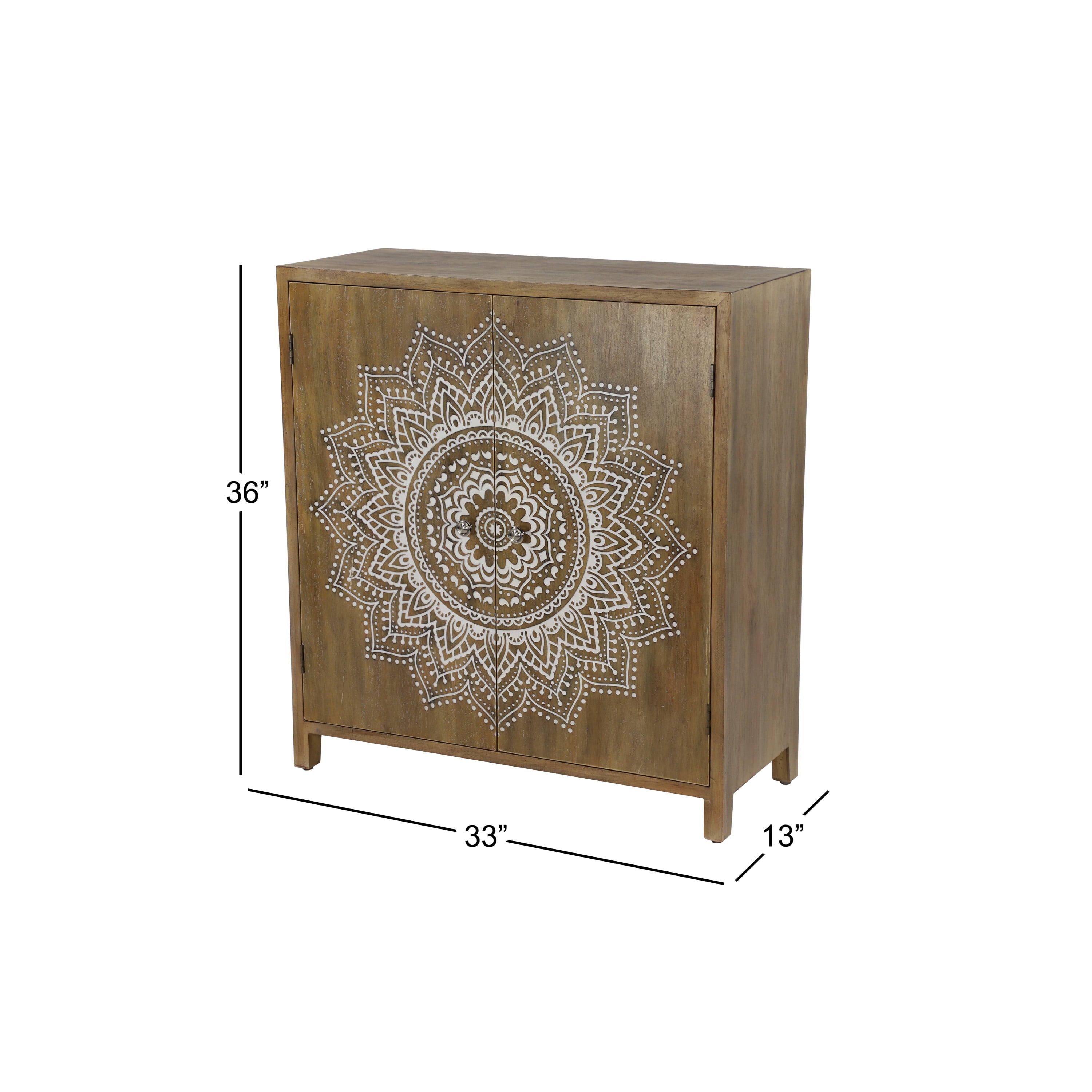 DecMode 32" x 36" Brown Wood Intricately Carved 1 Shelf and 2 Doors Floral Cabinet, 1-Piece