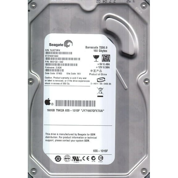 ST3160812AS, 5LS, WU, PN 9BD132-042, FW 3.BQK, Seagate 160GB SATA 3.5 Hard Drive