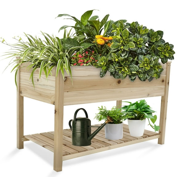 48x24x30in Raised Garden Bed Outdoor with Storage Shelf, Planter Box for Balcony /Patio /Backyard with Bed Liner, Suitable for Vegetables/ Flowers/ Herbs, 310lb Capacity (Natural)