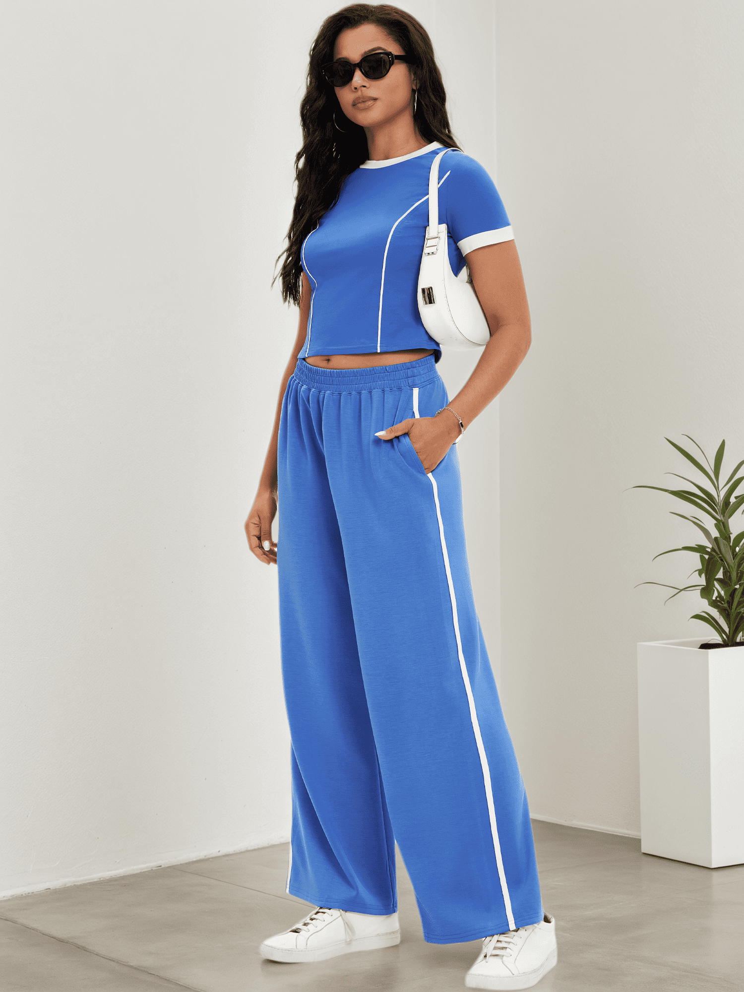 DARING DIVA Women 2 Pieces Set Crop Tops Wide Leg Pants Fall Outfits M Royal Blue