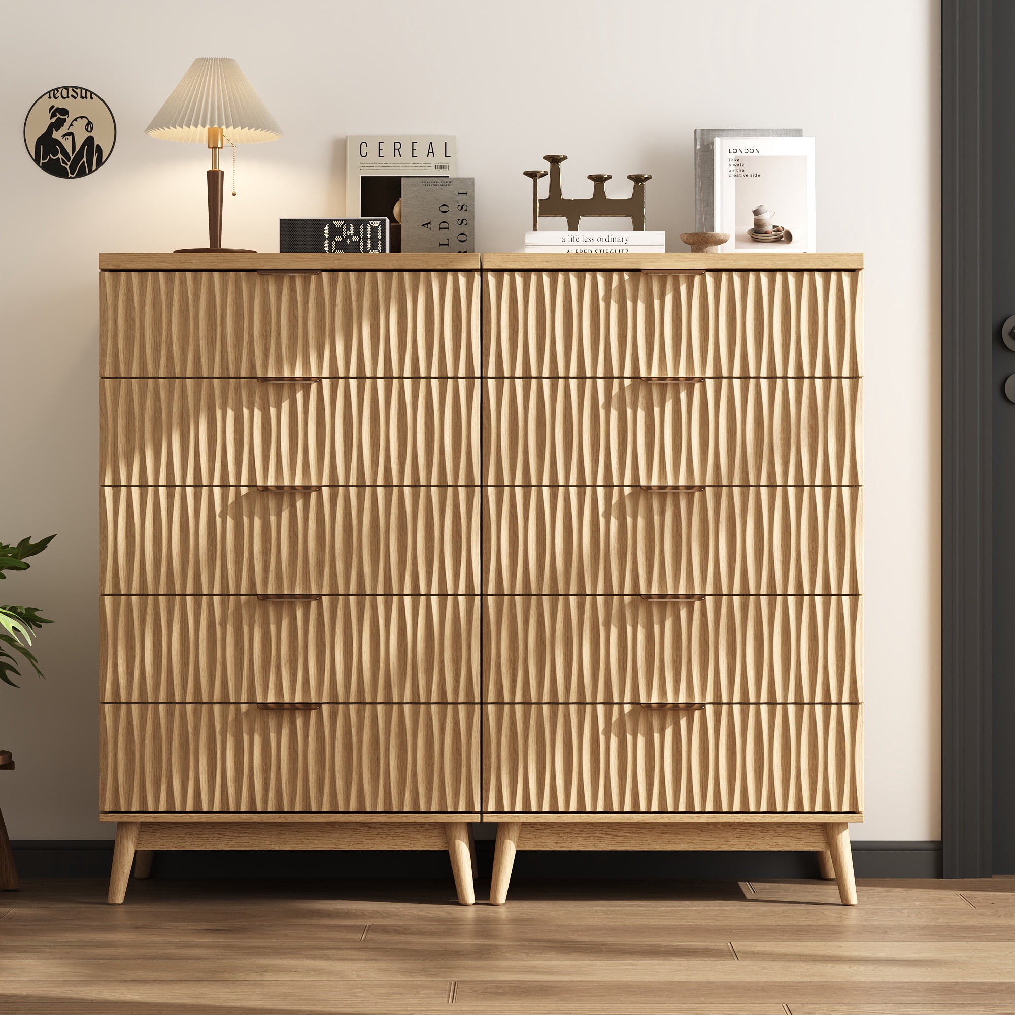 47" Tall 5 Fluted Drawer Dresser, Solid Wood Chest of Drawers with Glossy Handle, Storage Cabinet for Bedroom, Living Room, Entryway
