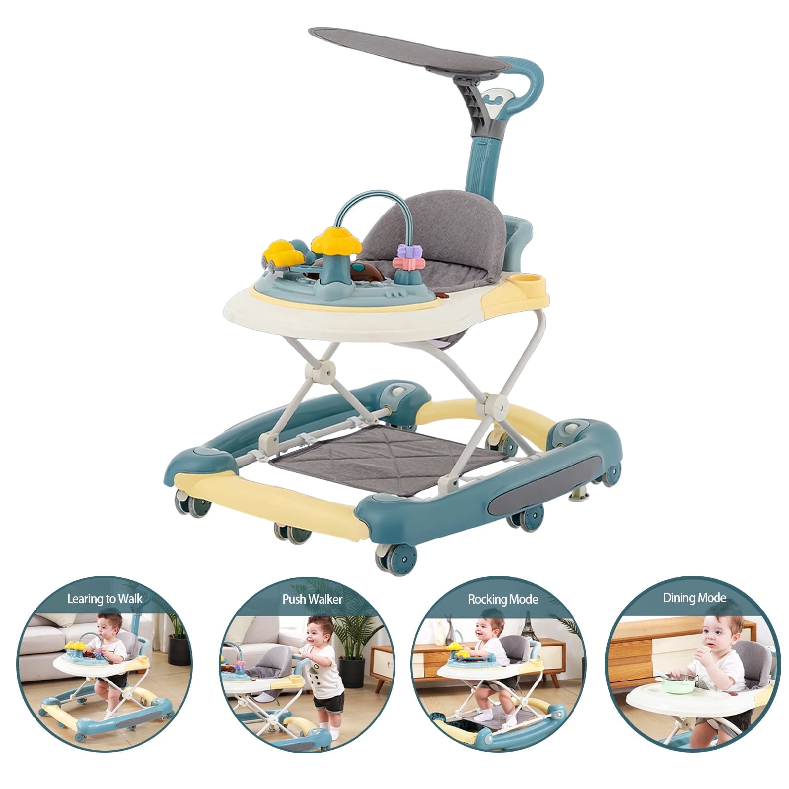 MINGYI 5-in-1 Baby  Walker, Foldable, Height Adjustable, Quiet Wheels, Easy Clean, Green, Suitable for Boys and Girls