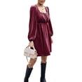 thumbnail image 4 of Franhais Women's Summer Velvet A-Line Dress Solid Color Square-Neck Long Sleeve High Waist Mini Dress, 4 of 9
