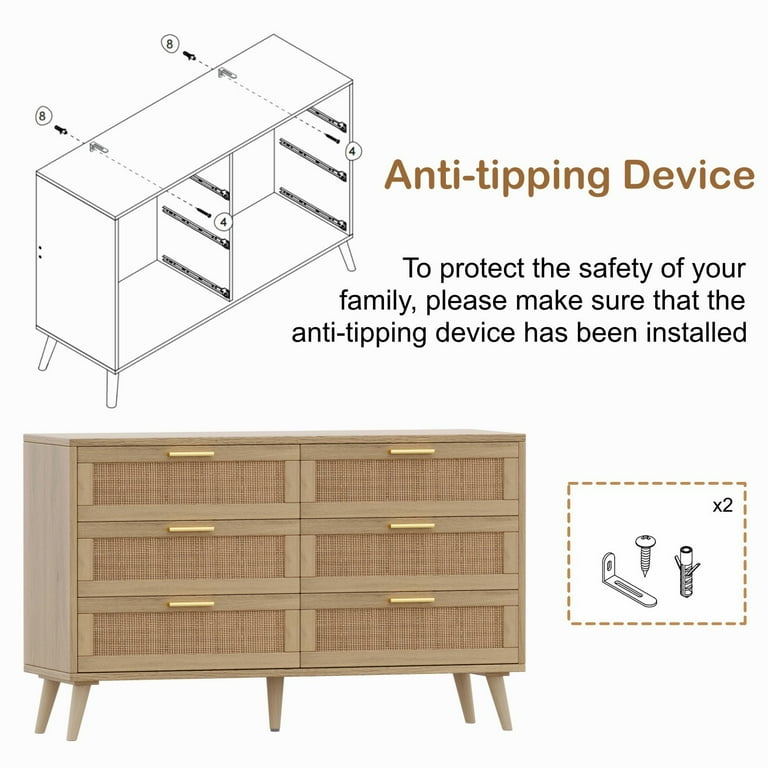 Rovaurx 6 Drawer Double Dresser Chest, Rattan Bedroom Table Rovaurx 6 Drawer Double Dresser Chest, Rattan Bedroom Table
