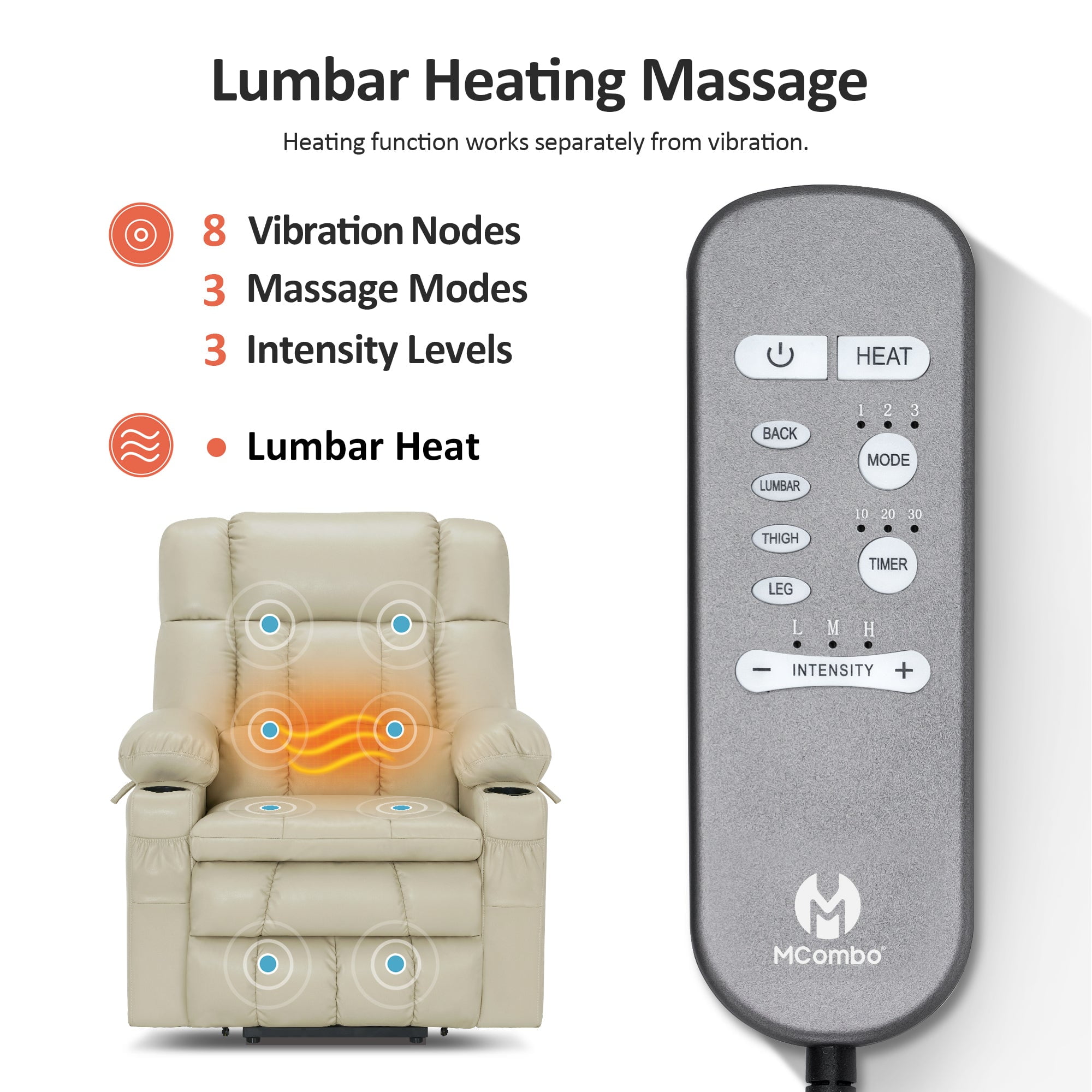 MCombo Dual Motor Power Lift Chair for Elderly, Sleep Lift Recliner, Faux Leather, Cream White