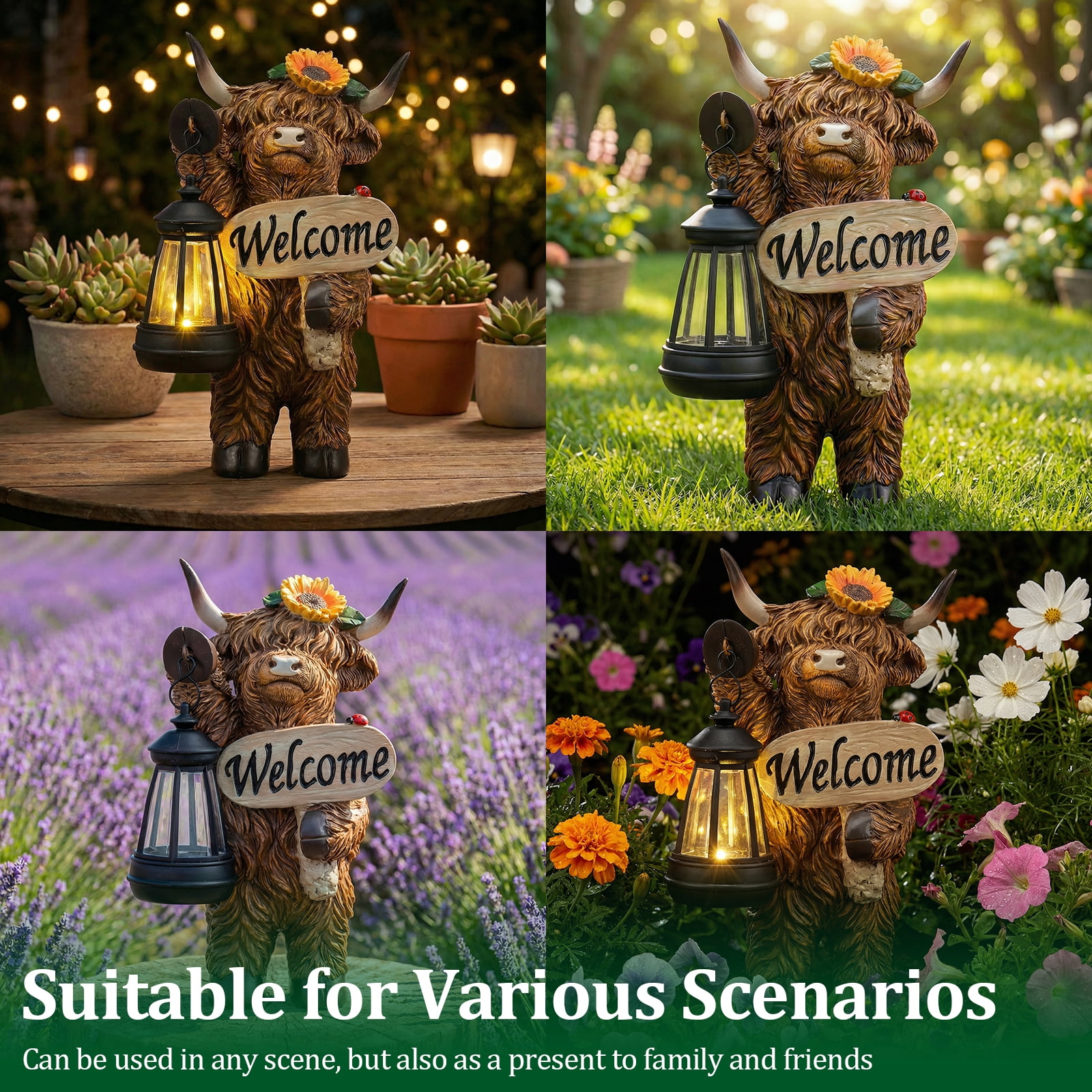 Threns Solar Highland Cow Garden Outdoor Statue,Highland Cow Figurines Sculpture with Light,Patio Balcony Yard for Pasture,Farm Theme Housewarming Gifts for Women Mom