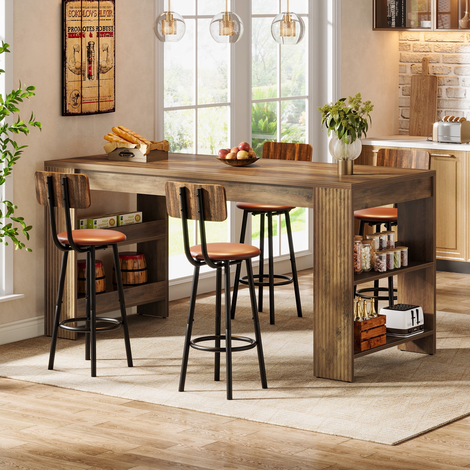 Finmind 63-inch Kitchen Island with Storage, Large Stationary Island Table for Kitchen, Farmhouse Home Bar Unit for Kitchen, Rustic Brown