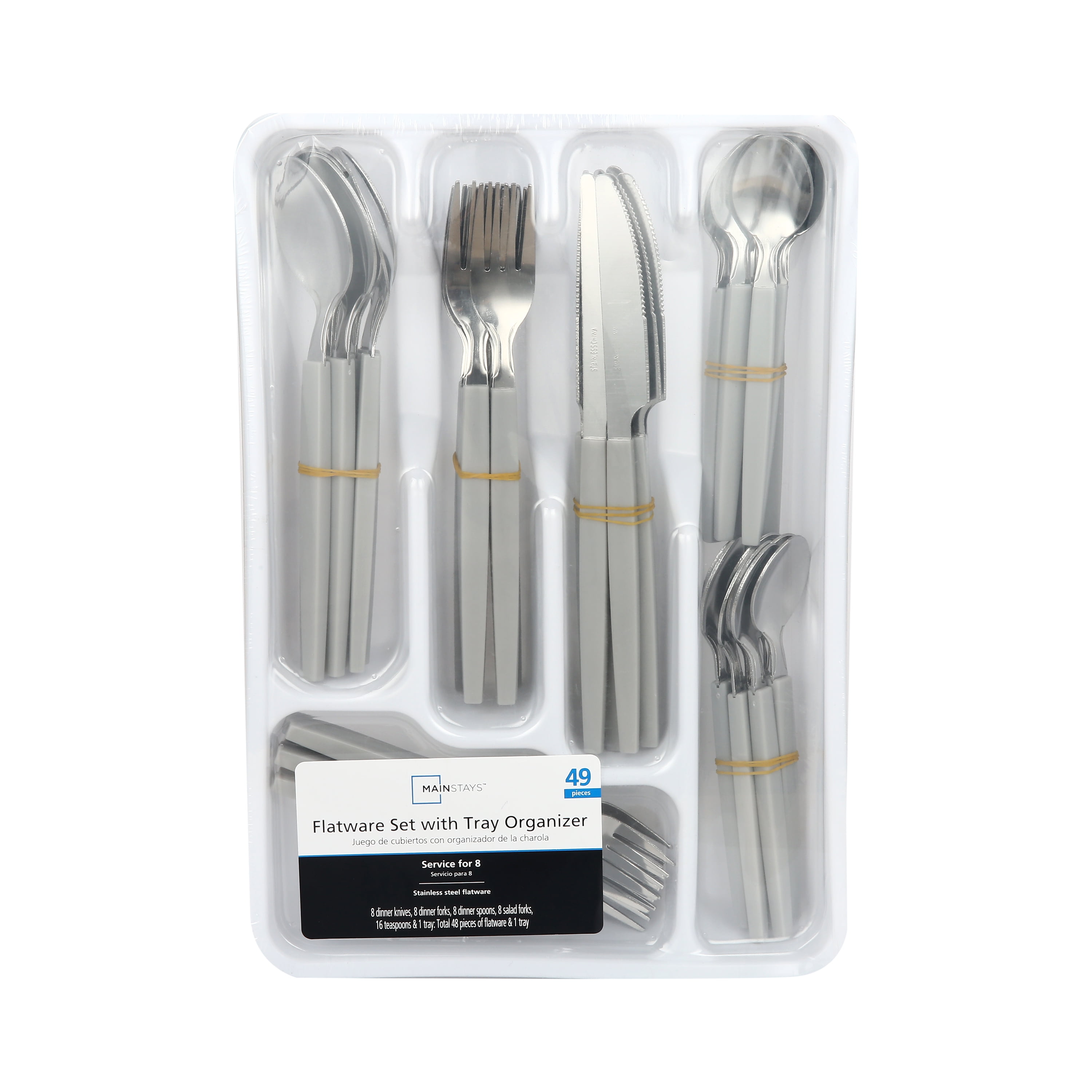 MS 49PC NICCOLE GRAY STAINLESS STEEL FLATWARE TRAY SET WITH PLASTIC HANDLE