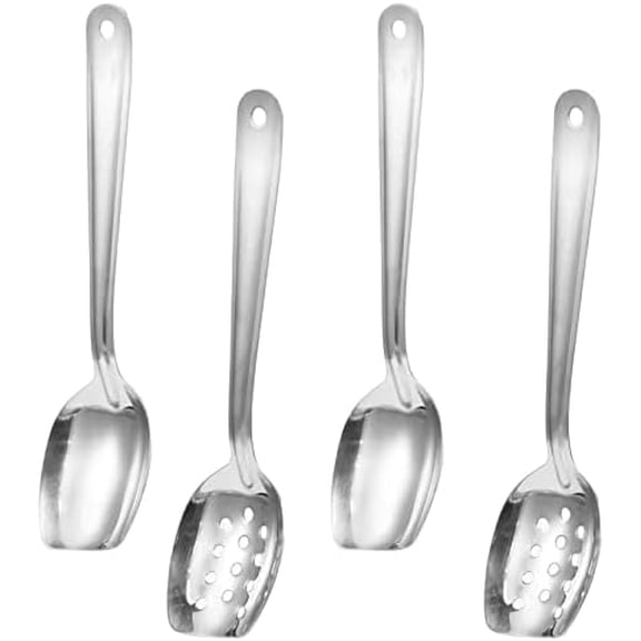 4 Pack Large Serving Spoons Flat Bottom Cooking Slotted Spoon Stainless Steel for Cooking Kitchen Parties Buffet Utensils Dishwasher Safe,2 Styles 10 Inch Silvery$$Home Decor, Kitchen, & Other